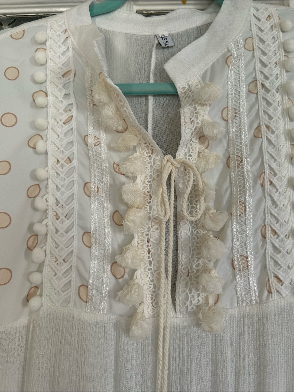 White Long Tiered Boho Dress Lace Polka Dots Romantic Cottagecore Size Small - Picture 7 of 14
